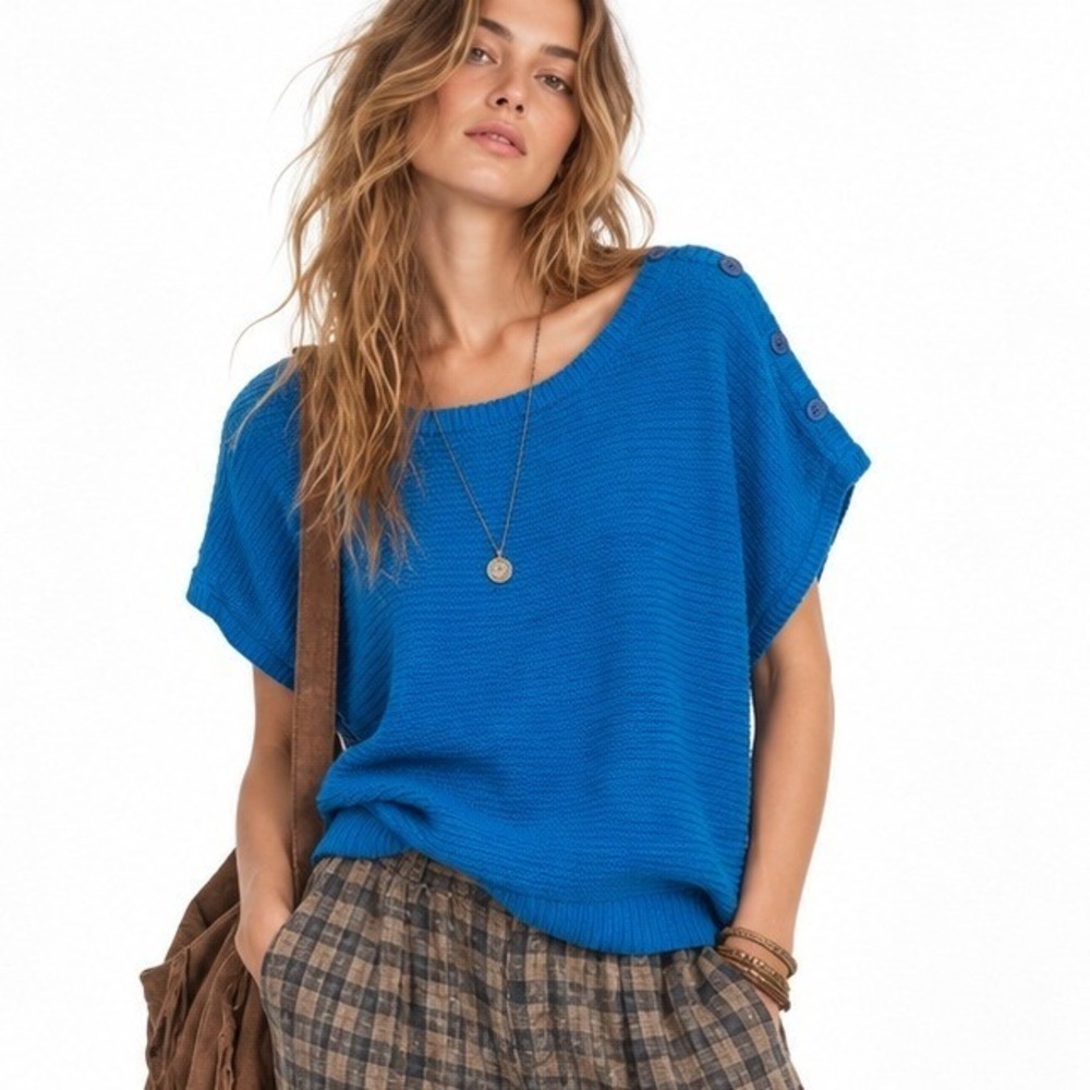 Vintage Cobalt Blue Knit Sweater L XL Shoulder Button Dolman Sleeve Coastal Boho